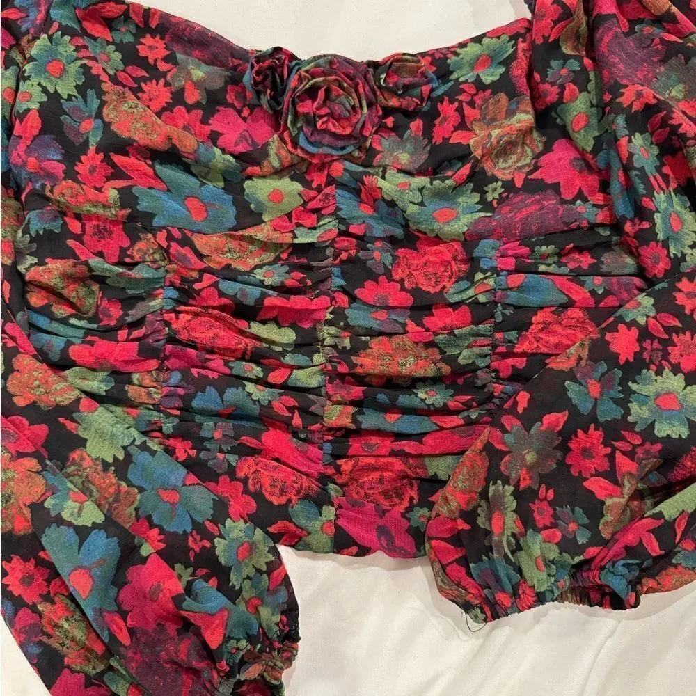 Free People Oh Layla Floral Cropped Blouse With Front Ruching Sheer Sleeves